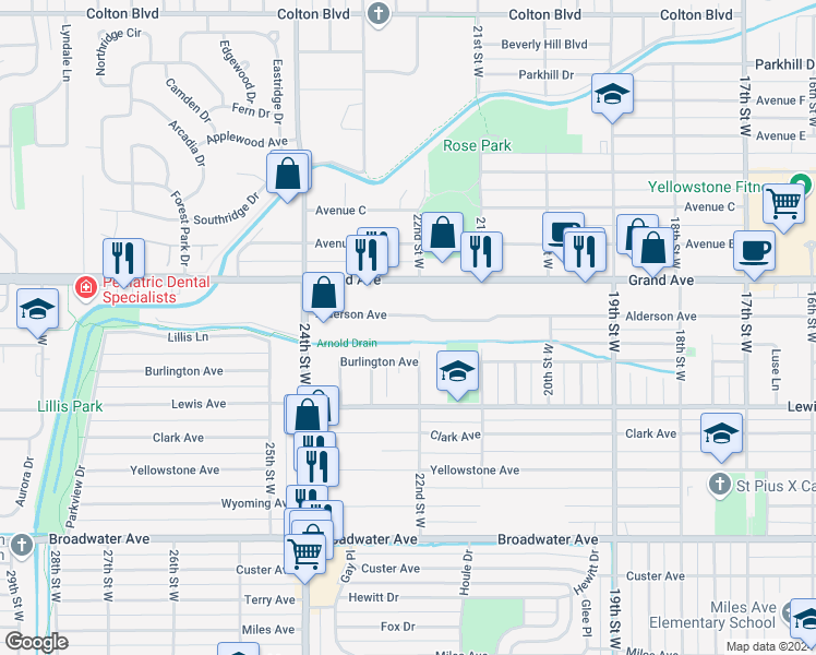 map of restaurants, bars, coffee shops, grocery stores, and more near 2139-2223 Alderson Avenue in Billings
