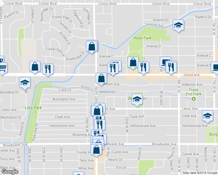 map of restaurants, bars, coffee shops, grocery stores, and more near 2308 Alderson Avenue in Billings