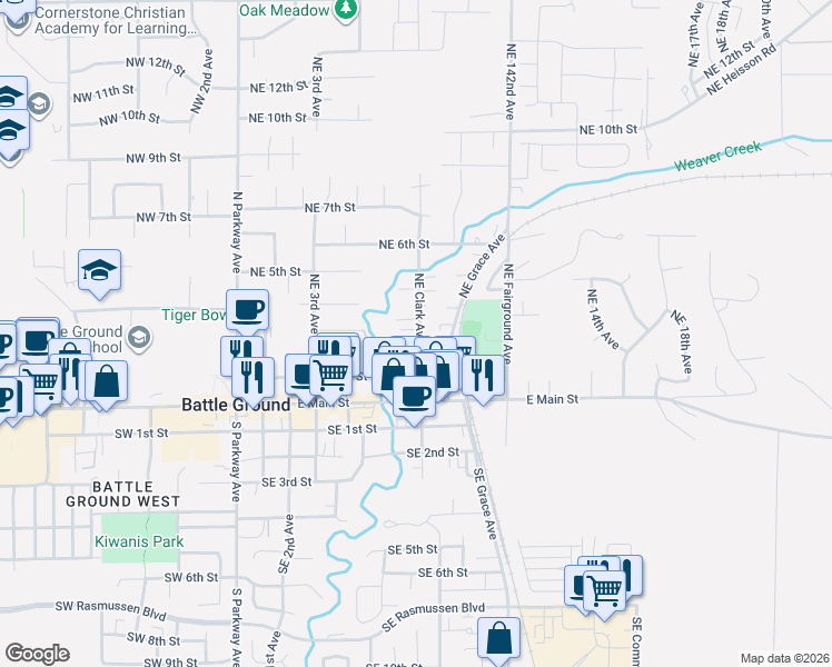 map of restaurants, bars, coffee shops, grocery stores, and more near 216 Northeast Clark Avenue in Battle Ground