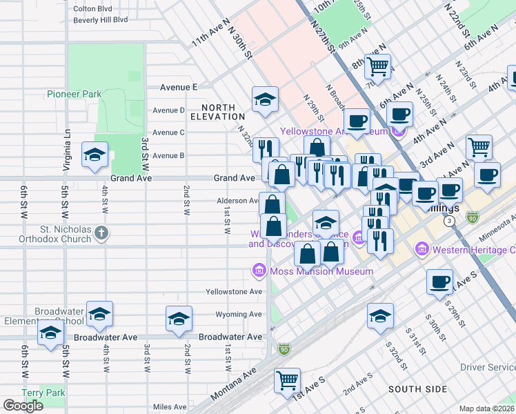 map of restaurants, bars, coffee shops, grocery stores, and more near 10 Alderson Avenue in Billings