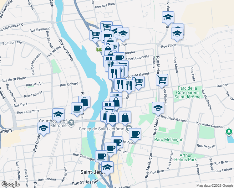 map of restaurants, bars, coffee shops, grocery stores, and more near 550 A Rue Saint-Georges in Saint-Jérôme