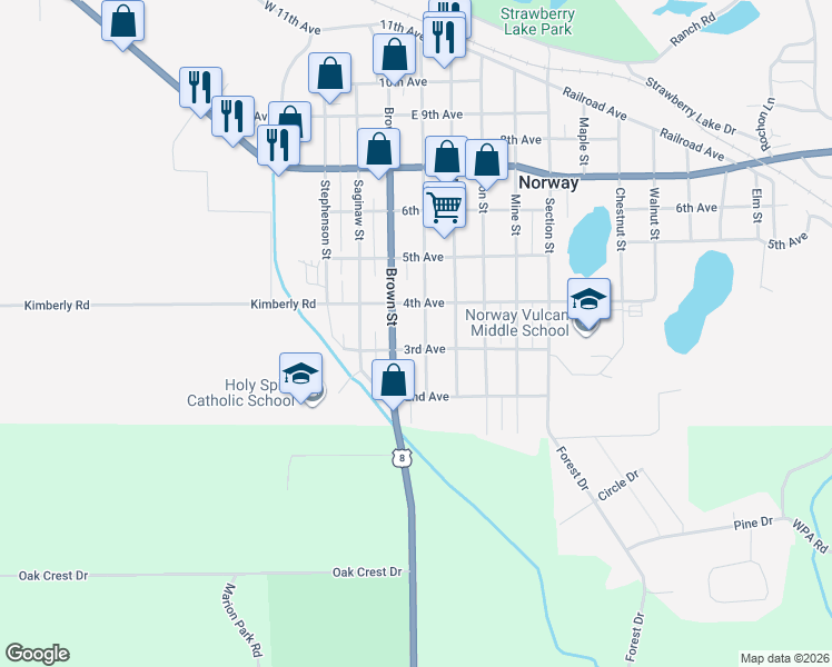 map of restaurants, bars, coffee shops, grocery stores, and more near 301-399 Norway St in Norway