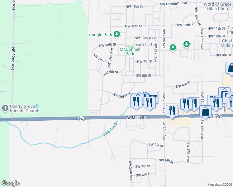 map of restaurants, bars, coffee shops, grocery stores, and more near 2610 Northwest 3rd Way in Battle Ground