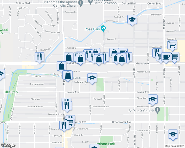 map of restaurants, bars, coffee shops, grocery stores, and more near 2144 Alderson Avenue in Billings