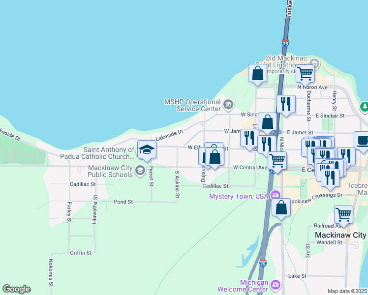 map of restaurants, bars, coffee shops, grocery stores, and more near 474 West Etherington Street in Mackinaw City