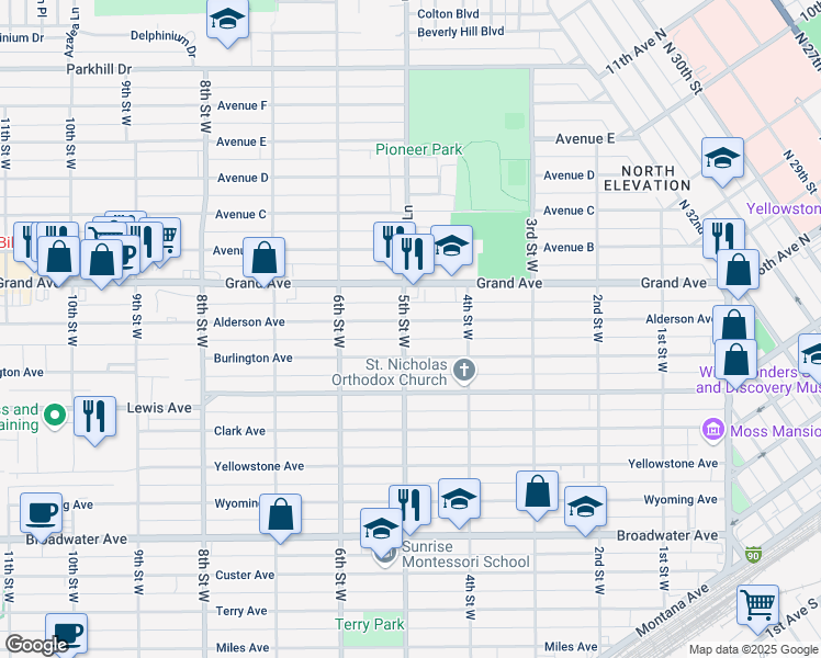 map of restaurants, bars, coffee shops, grocery stores, and more near 444 Alderson Avenue in Billings