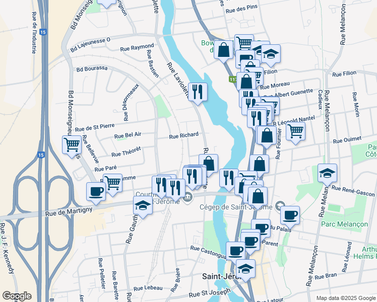 map of restaurants, bars, coffee shops, grocery stores, and more near Rue Adélaide in Saint-Jérôme