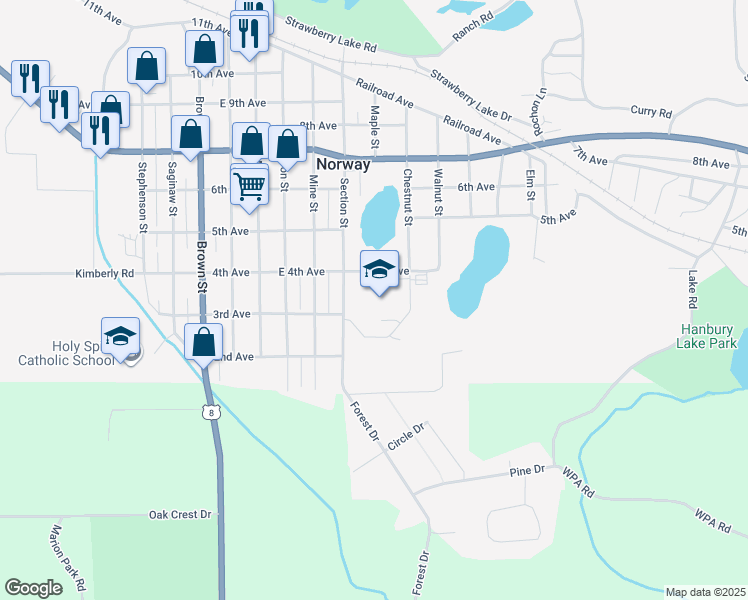 map of restaurants, bars, coffee shops, grocery stores, and more near 300 Section Street in Norway