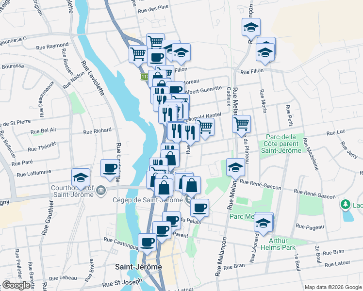 map of restaurants, bars, coffee shops, grocery stores, and more near 553 Rue Fournier in Saint-Jérôme
