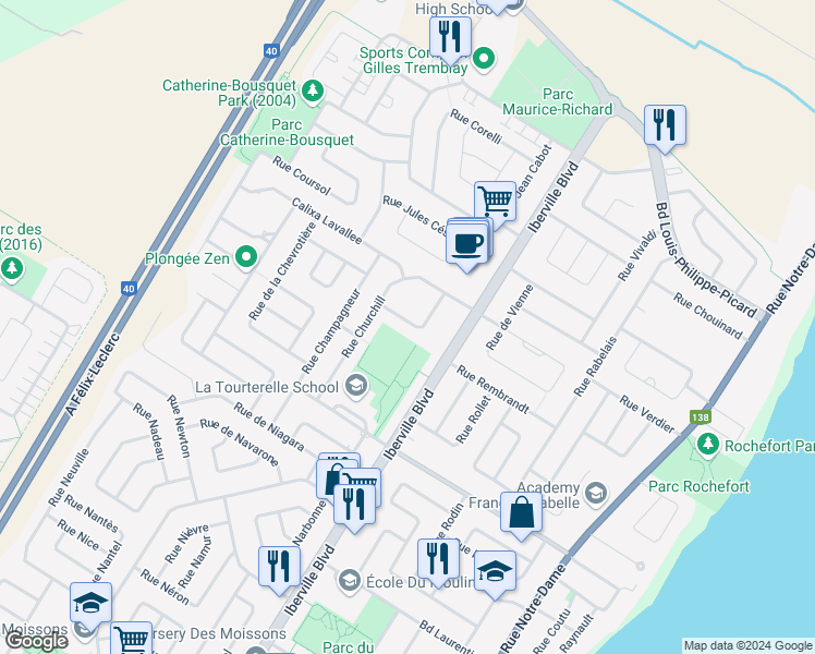 map of restaurants, bars, coffee shops, grocery stores, and more near 54 Rue de Courcelle in Repentigny