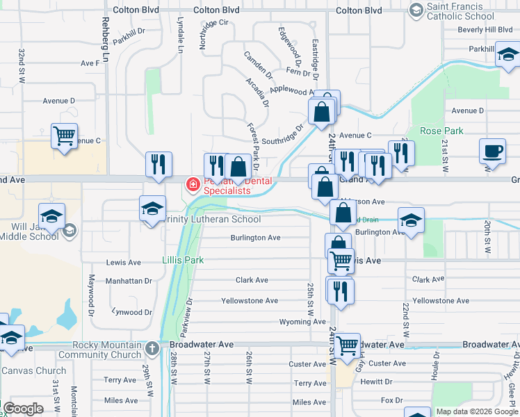 map of restaurants, bars, coffee shops, grocery stores, and more near 2698 Arnold Lane in Billings
