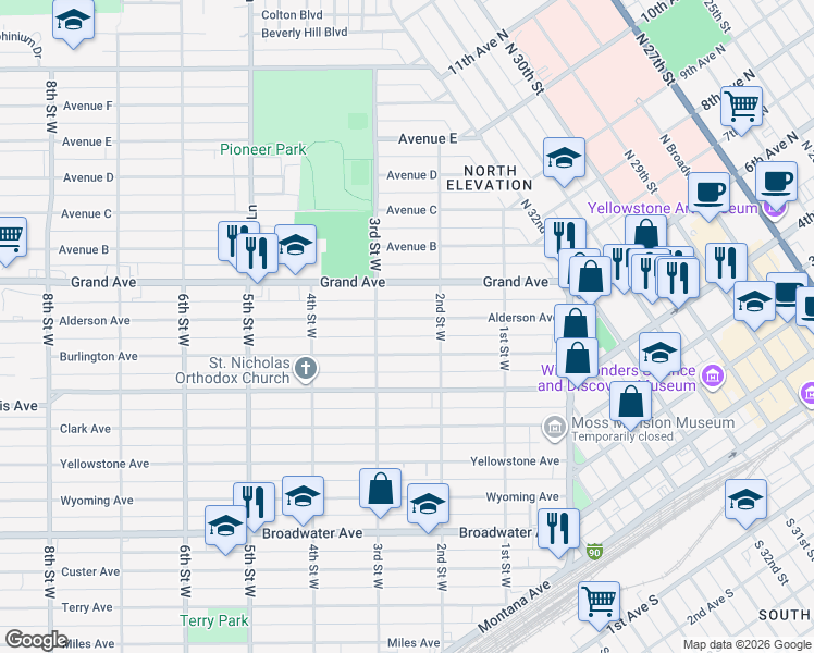 map of restaurants, bars, coffee shops, grocery stores, and more near 230 Alderson Avenue in Billings