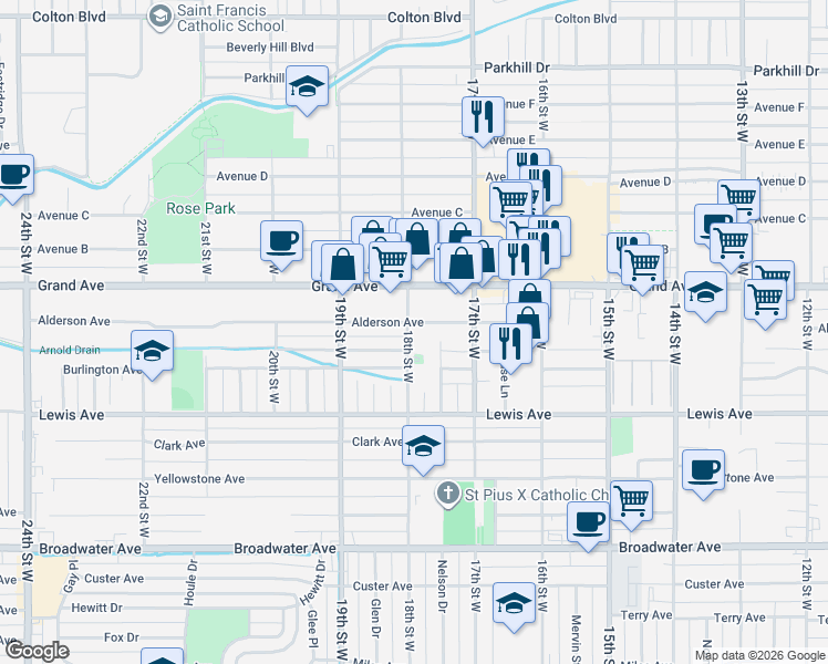map of restaurants, bars, coffee shops, grocery stores, and more near 1742 Alderson Avenue in Billings