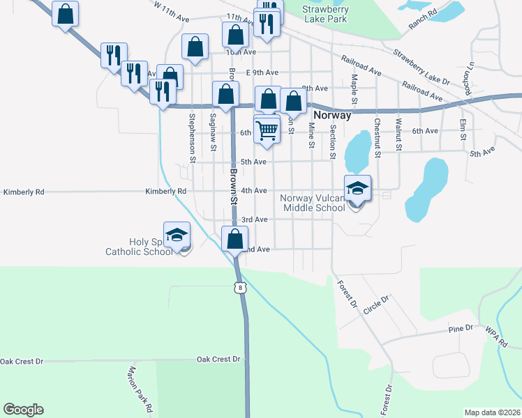 map of restaurants, bars, coffee shops, grocery stores, and more near 301-399 Main Street in Norway
