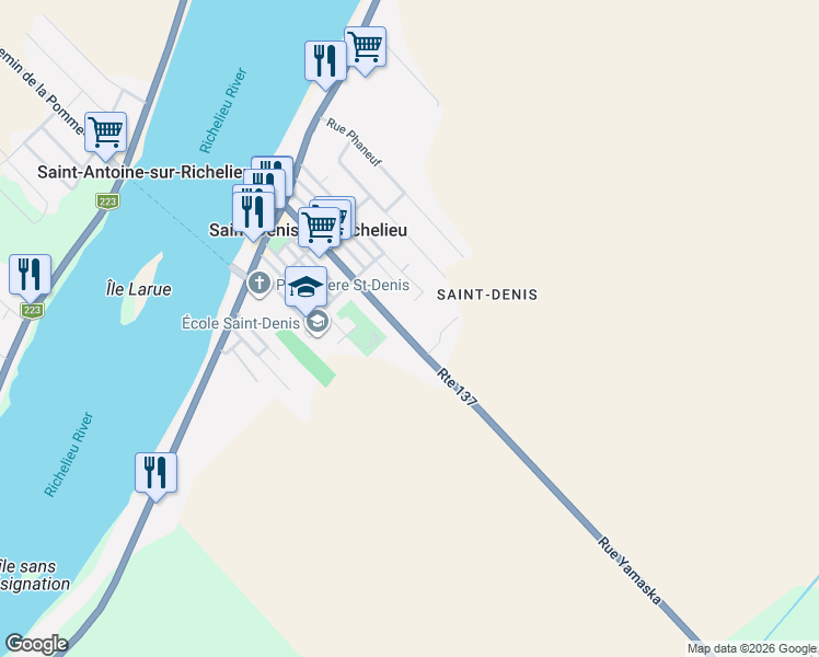map of restaurants, bars, coffee shops, grocery stores, and more near 187 Rue Yamaska in Saint-Denis-sur-Richelieu