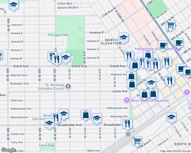 map of restaurants, bars, coffee shops, grocery stores, and more near 204 Alderson Avenue in Billings
