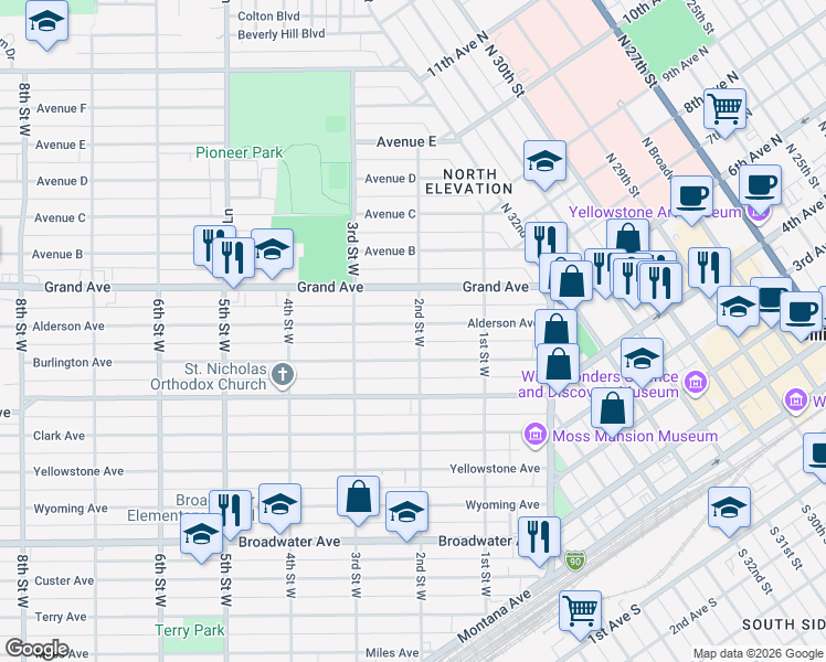 map of restaurants, bars, coffee shops, grocery stores, and more near 204 Alderson Avenue in Billings