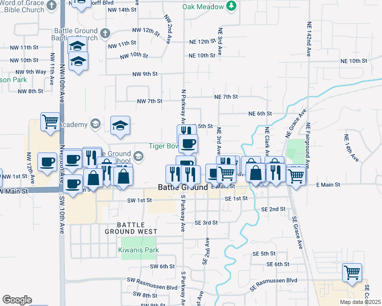 map of restaurants, bars, coffee shops, grocery stores, and more near 211 North Parkway Avenue in Battle Ground