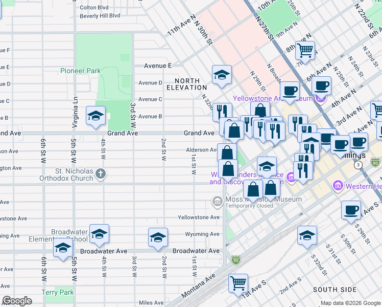 map of restaurants, bars, coffee shops, grocery stores, and more near in Billings