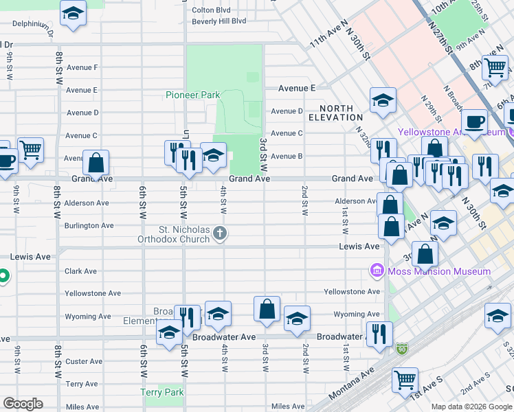 map of restaurants, bars, coffee shops, grocery stores, and more near 308 Alderson Avenue in Billings