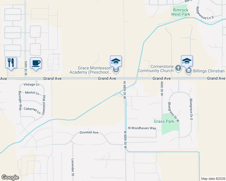 map of restaurants, bars, coffee shops, grocery stores, and more near 4812 Grand Avenue in Billings