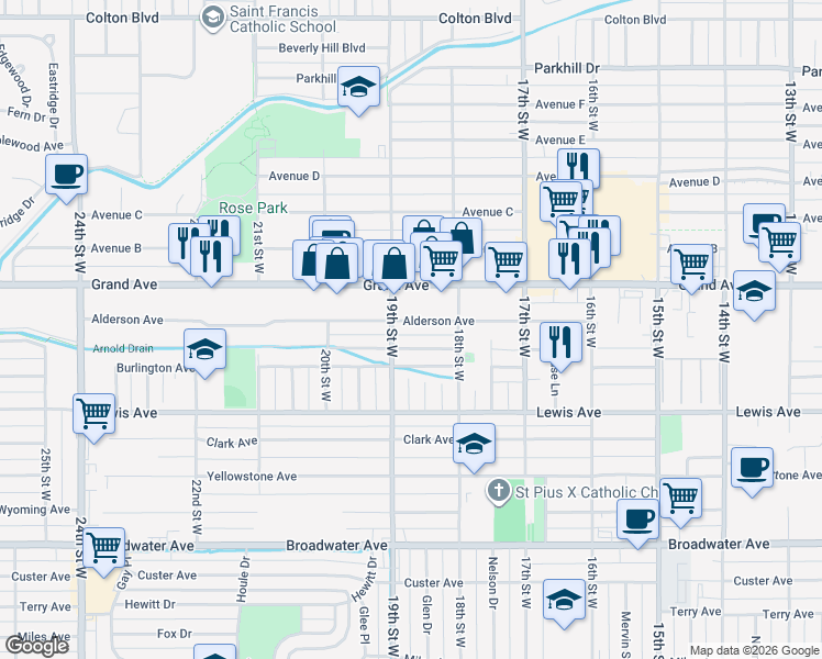 map of restaurants, bars, coffee shops, grocery stores, and more near 1848 Alderson Avenue in Billings