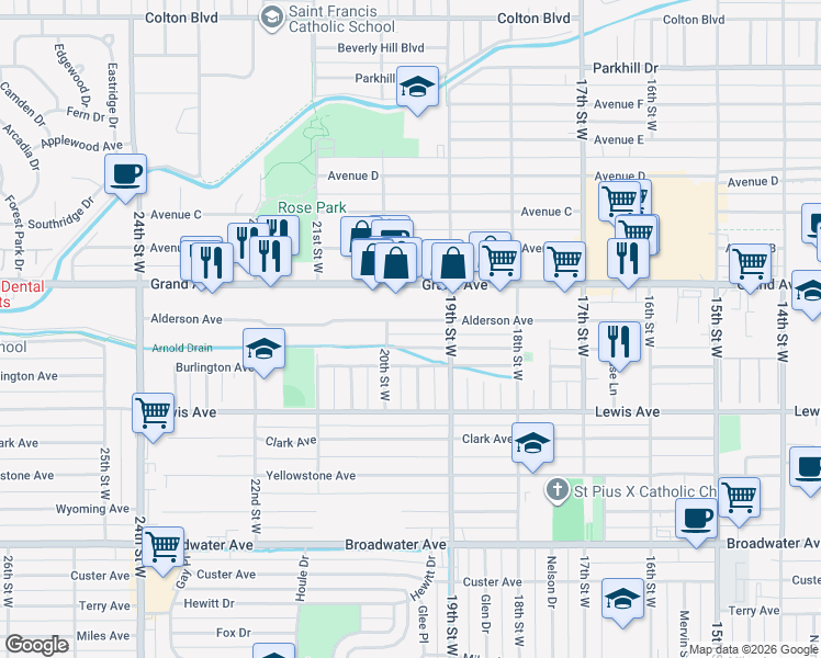 map of restaurants, bars, coffee shops, grocery stores, and more near 1922 Alderson Avenue in Billings