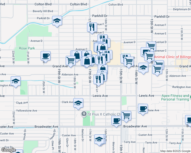 map of restaurants, bars, coffee shops, grocery stores, and more near 1634 Alderson Avenue in Billings