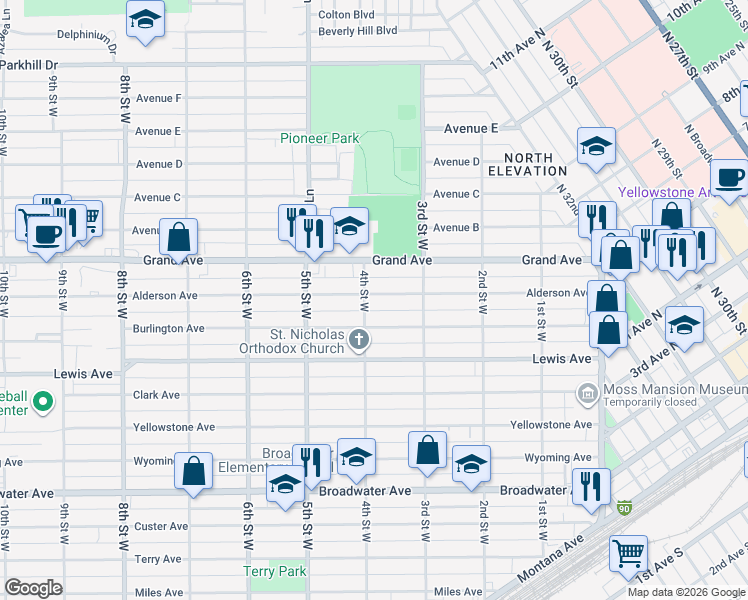 map of restaurants, bars, coffee shops, grocery stores, and more near 840 Alderson Avenue in Billings