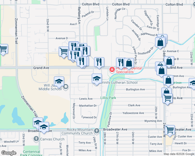 map of restaurants, bars, coffee shops, grocery stores, and more near 2832 Oakland Drive in Billings