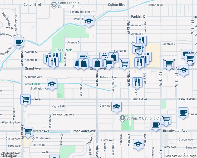 map of restaurants, bars, coffee shops, grocery stores, and more near 1848 Alderson Avenue in Billings