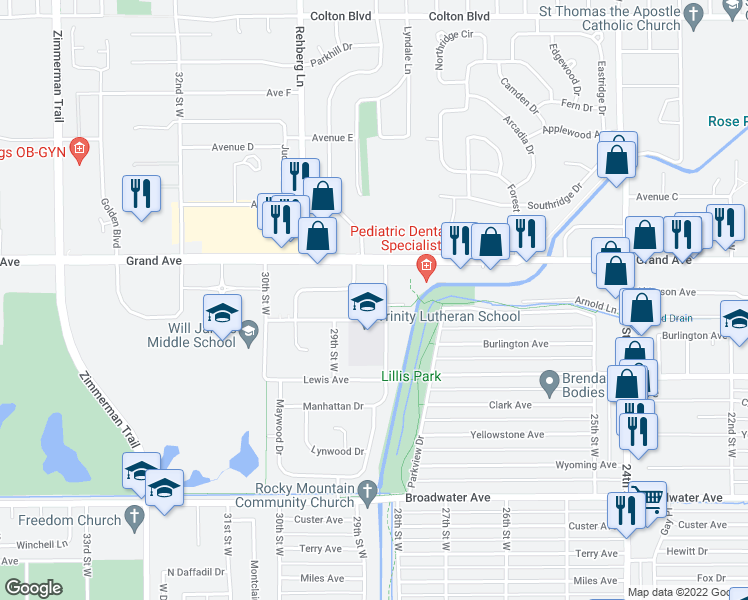 map of restaurants, bars, coffee shops, grocery stores, and more near 1221 28th Street West in Billings