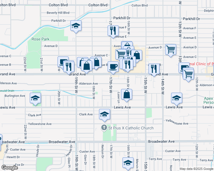 map of restaurants, bars, coffee shops, grocery stores, and more near 1708 Alderson Ave in Billings
