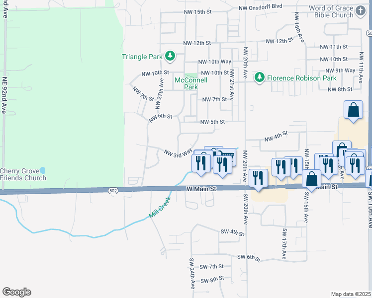 map of restaurants, bars, coffee shops, grocery stores, and more near 2426 Northwest 3rd Way in Battle Ground