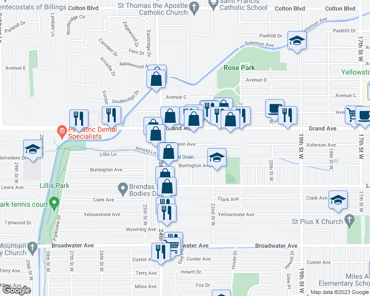map of restaurants, bars, coffee shops, grocery stores, and more near 2308 Alderson Avenue in Billings