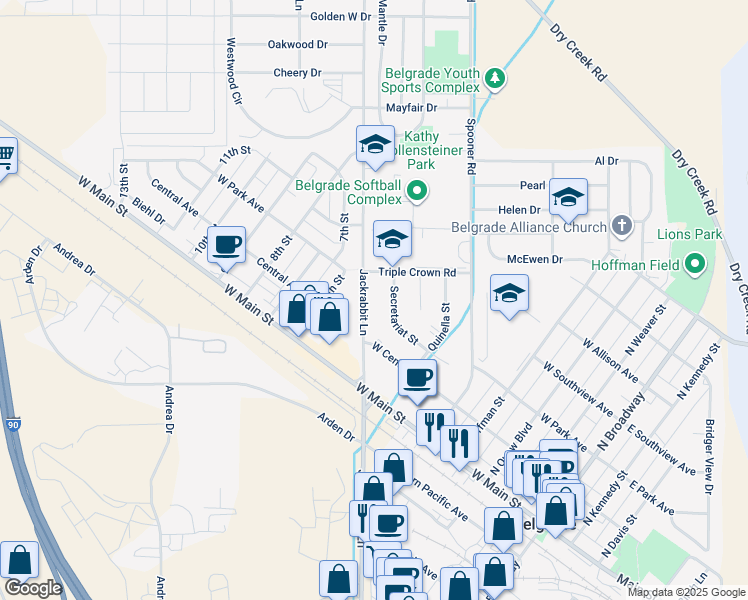 map of restaurants, bars, coffee shops, grocery stores, and more near 110 Jackrabbit Ln in Belgrade