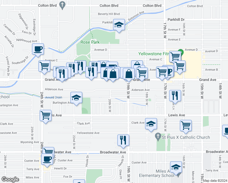 map of restaurants, bars, coffee shops, grocery stores, and more near 1922 Alderson Avenue in Billings