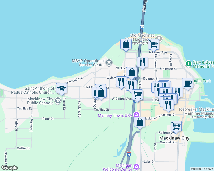 map of restaurants, bars, coffee shops, grocery stores, and more near 300 West Etherington Street in Mackinaw City