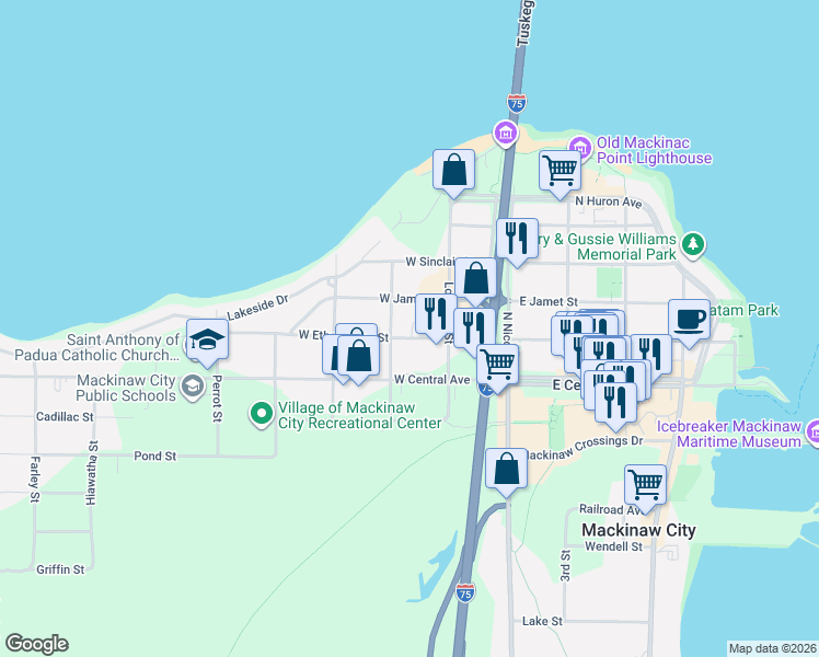 map of restaurants, bars, coffee shops, grocery stores, and more near 210 West Etherington Street in Mackinaw City