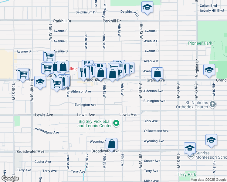 map of restaurants, bars, coffee shops, grocery stores, and more near 931 Alderson Avenue in Billings