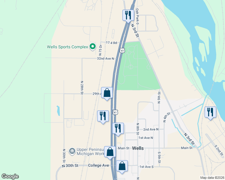 map of restaurants, bars, coffee shops, grocery stores, and more near 2905 North Lincoln Road in Escanaba