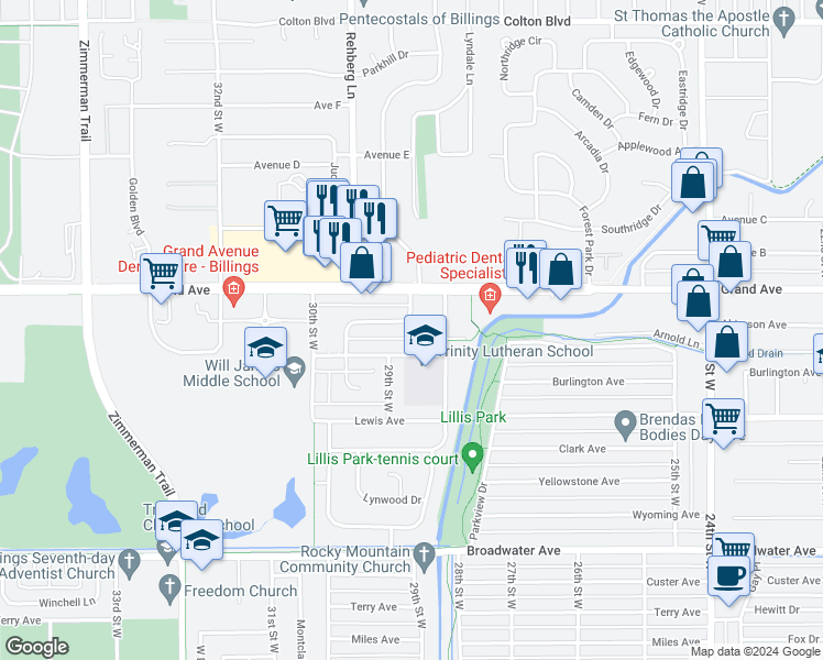 map of restaurants, bars, coffee shops, grocery stores, and more near 2832 Oakland Drive in Billings