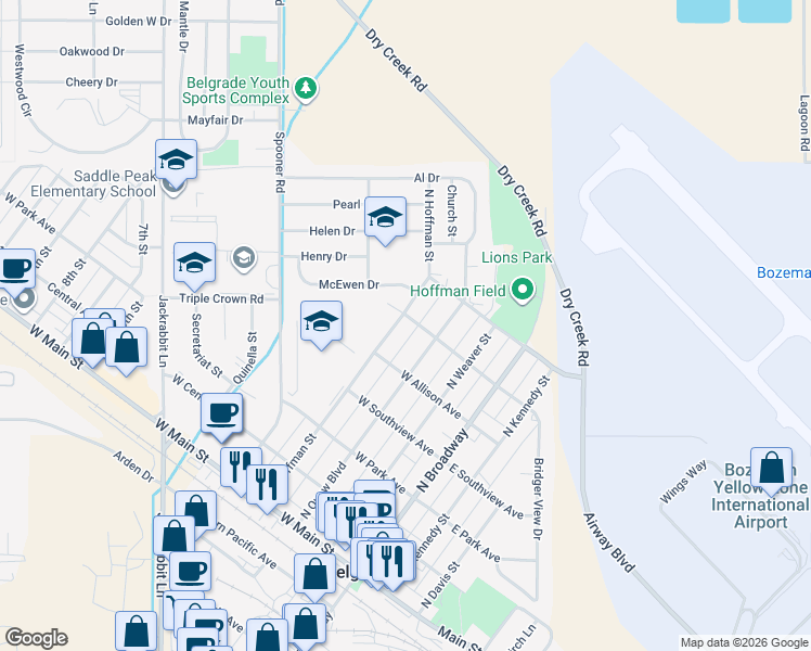 map of restaurants, bars, coffee shops, grocery stores, and more near 202 West Penwell Avenue in Belgrade