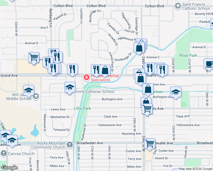 map of restaurants, bars, coffee shops, grocery stores, and more near 2615 Arnold Lane in Billings