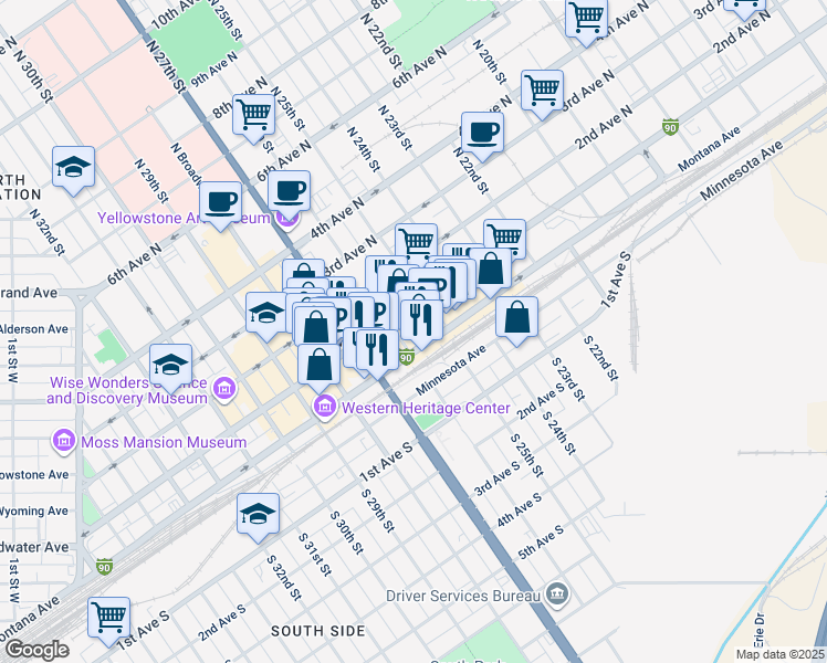 map of restaurants, bars, coffee shops, grocery stores, and more near 15 North 26th Street in Billings