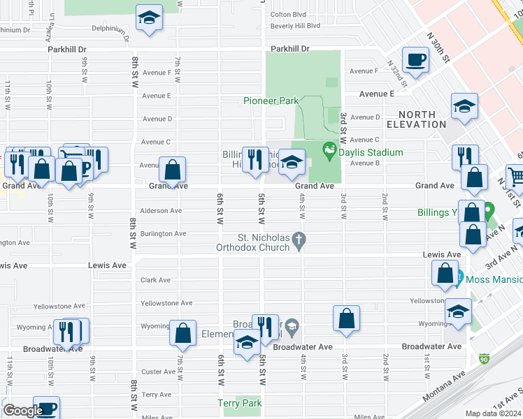map of restaurants, bars, coffee shops, grocery stores, and more near 1211 5th Street West in Billings
