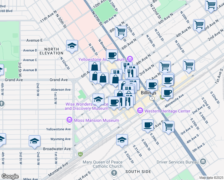 map of restaurants, bars, coffee shops, grocery stores, and more near 2929 3rd Avenue North in Billings