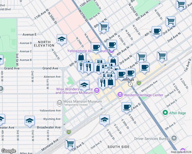 map of restaurants, bars, coffee shops, grocery stores, and more near 2929 3rd Avenue North in Billings
