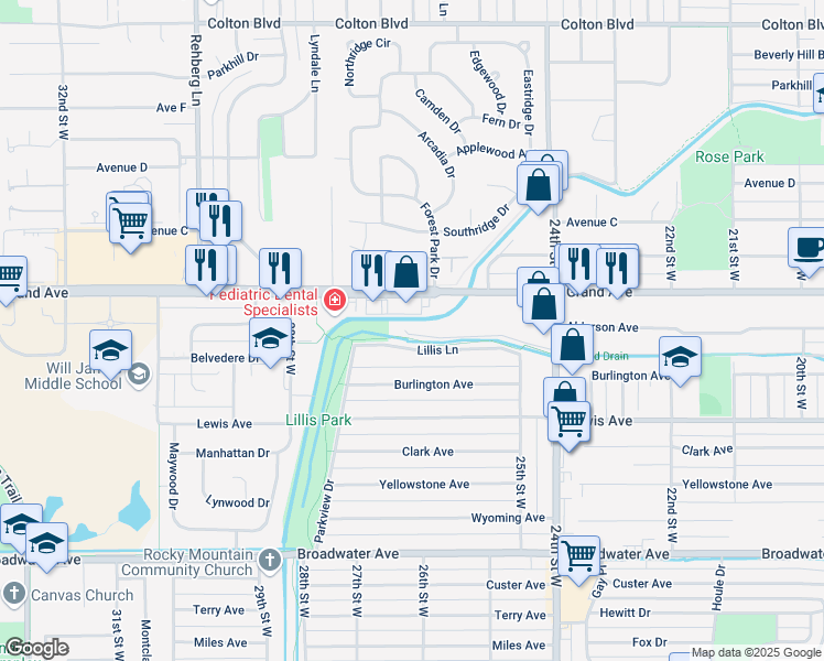 map of restaurants, bars, coffee shops, grocery stores, and more near 2615 Arnold Lane in Billings