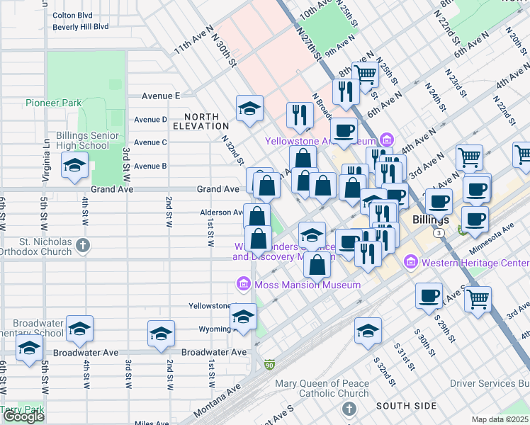 map of restaurants, bars, coffee shops, grocery stores, and more near 508 North 32nd Street in Billings
